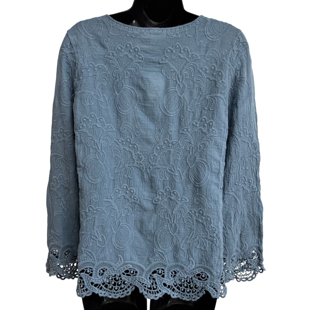 Oddy Blouse Medium Blue Boho Lace Embroidered Tassel Tie Peasant Top Nee - Picture 7 of 9